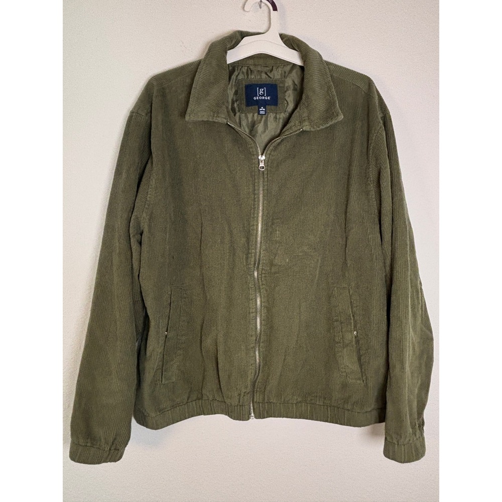 George Mens XL Corduroy Jacket Olive Green Full Zip Harrington Bomber Coat